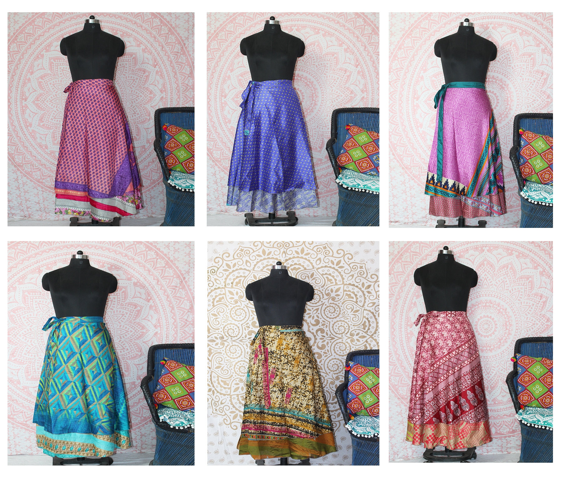 Up-Cycled Sari Elastic Band Tiered Skirt #81