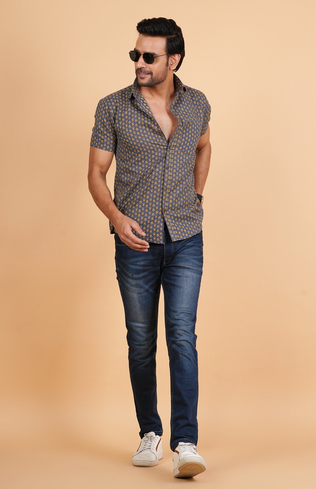 Beige - Bagru Block Printed Cotton Men Half Sleeve Shirt 12