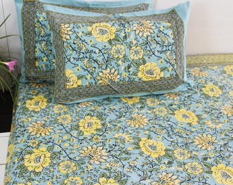 Yellow Floral Cotton Bedsheet Set - with 2 pillow covers - Hand Block Print, Ethnic Indian Bedding