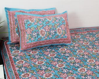 Pastel Blue Cotton Bedsheet Set – Double & King Size – with 2 Pillow Covers - Big White Pink Floral Print