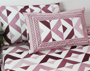 Super King Cotton Bed sheet Set- Dabu Hand Block Triangle Print with 2 pillow case