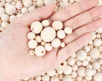 150 Perles De Bois Rondes Naturelles - 5 Tailles (6mm à 14mm) Avec Boîte De Rangement, Pour Fabrication De Bijoux DIY, Bricolage