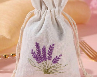 Petite pochette cadeau brodée lavande fleur, sac d'emballage cadeau en tissu de lin avec cordon de serrage, pour fête de mariage cadeau lavande