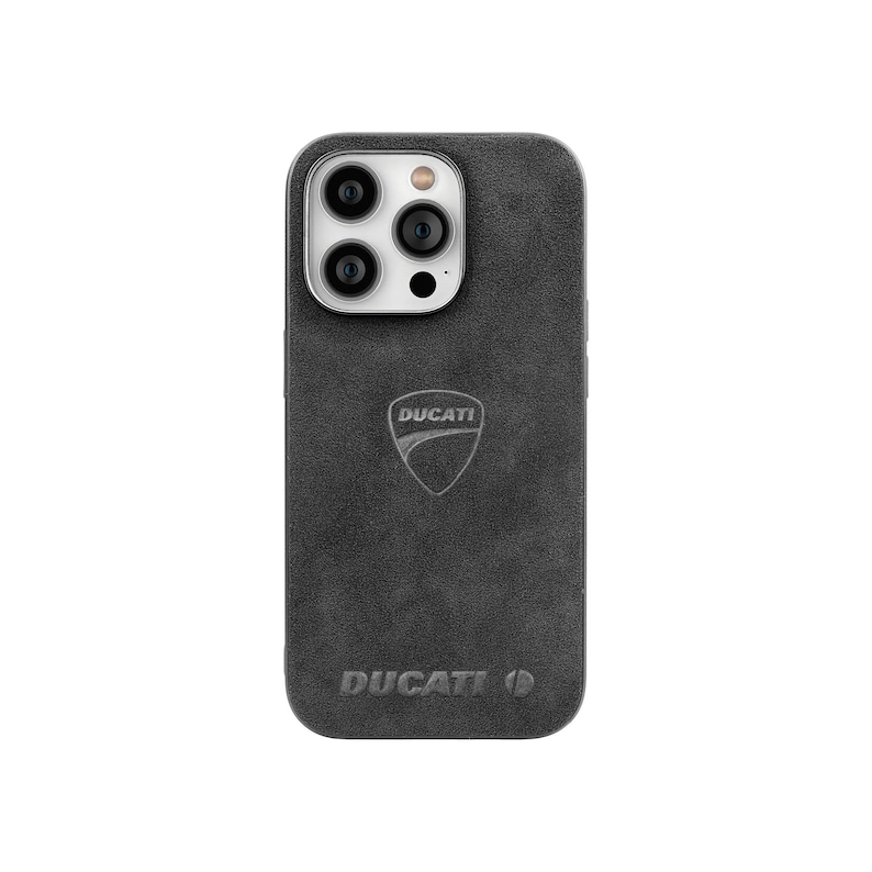 May include: Black phone case with a grey suede texture and the Ducati logo. The case has a raised camera bump with three lenses.
