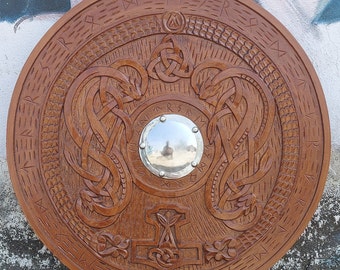 24" Medieval Norse Shield Wood Carved Round Celtic Ornament Battle Cosply Shield.