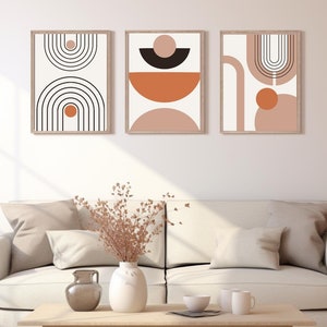 Mid Century Art Prints Set van 3, Neutraal Modern Wall Art Decor, Minimalistisch Abstract, Elegant Hedendaags, Boho Style Art Prints,
