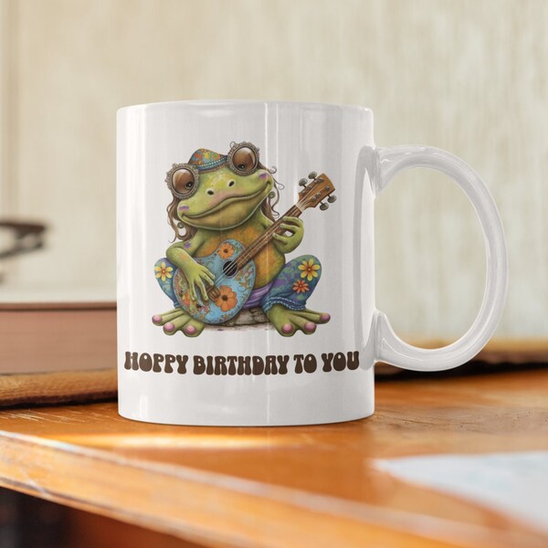 Frog Birthday Mug, Frog Lover Ceramic Coffee Cup, Gift For Toad Fanatic, Hippy Frog Cottagcore Novelty Present, Gift For Her, Retro Frog Art