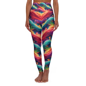 Rainbow Waves Women&#39;s Yoga Leggings, High Waisted Colorful Rainbow Print Leggings, Activewear for Yoga, Fitness, and Everyday Wear