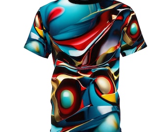 May include: A short-sleeved t-shirt with a colorful abstract design featuring swirling shapes in shades of blue, red, yellow, and gold.