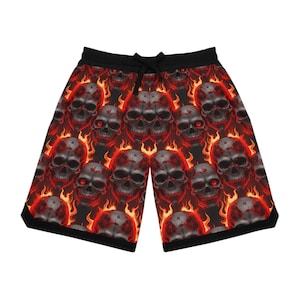 Torched Skulls Basketball Shorts 100% Polyester Gothic Athletic Shorts Quick-Dry Shorts Skull & Flame Sportswear High-Performance Streetwear