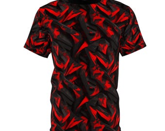 May include: A red and black short-sleeved t-shirt with an abstract geometric pattern.