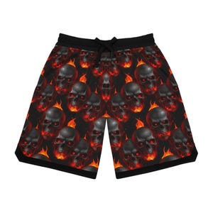 Inferno Skulls Basketball Shorts 100% Polyester Gothic Athletic Shorts Quick-Dry Shorts Skull & Flame Sportswear High-Performance Streetwear