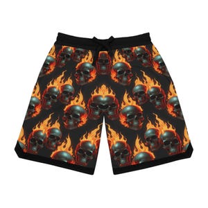 Burning Skulls Basketball Shorts 100% Polyester Gothic Athletic Shorts Gym Shorts Skull & Flame Sportswear High-Performance Streetwear