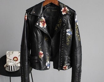 Nieten Blumen bestickte Lederjacke