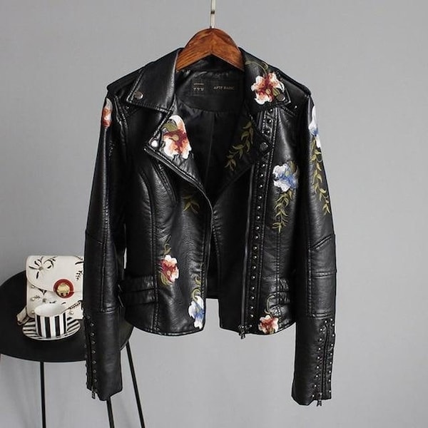 Studded Floral Embroidered Leather Jacket