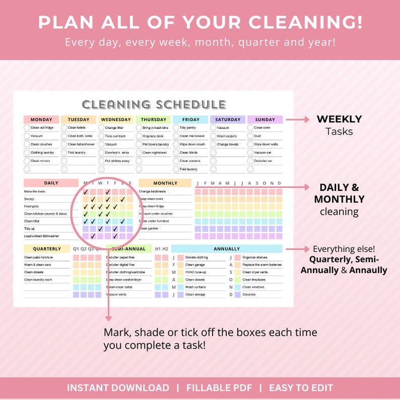 EDITABLE Cleaning Planner, Weekly Checklist Schedule, ADHD Monthly ...