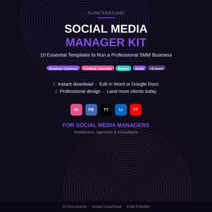 Modelli per Social Media Manager / Contratto di incarico, Calendario dei contenuti, Report, Audit / Kit aziendale SMM / DOCX modificabile
