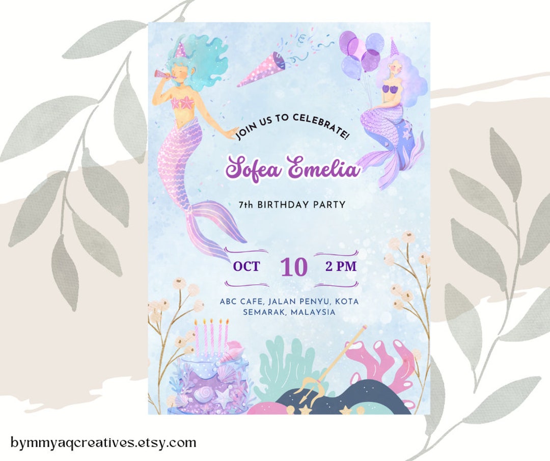 Editable Mermaid Birthday Invitation Card Digital Instant Download Editable Printable - Etsy