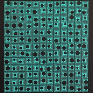 May include: A black background with a grid of 10 rows and 10 columns. Each square contains a circle with radiating lines in a turquoise colour.