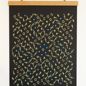 以下が含まれることがあります： 白い壁に、木製の額縁で囲まれた黒いポスターが掛けられています。ポスターには、黄色の星と青い花が繰り返し描かれた模様があります。