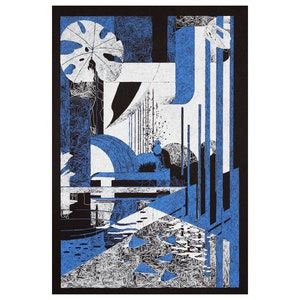 May include: Abstract art print featuring a black, white and blue colour scheme. The print incorporates geometric shapes and lines, with a large white leaf in the top left corner.