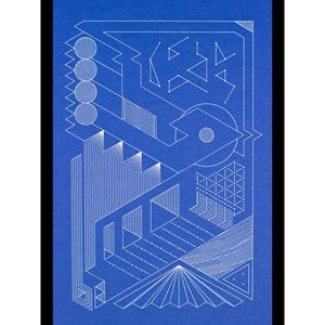 May include: Abstract geometric art print on a blue background. White lines form a complex design with shapes, including circles, triangles, and lines, in an architectural or technical drawing style. The artwork has a modern, minimalist aesthetic.