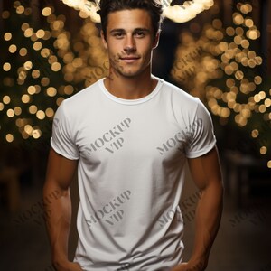 white Bella Canvas 3001 (3-pack) Mockup - Christmas T-Shirt Mockup - Male Model 3001 T-shirt Mockup - Christmas Tee Mockup