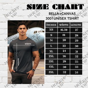 Bella Canvas 3001 Tabla de tallas para maqueta, camiseta unisex Jersey, camiseta Bella Canva con modelo masculino, referencia de tallas para maquetas