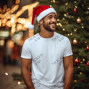 white Bella Canvas 3001 (3-pack) Mockup - Christmas T-Shirt Mockup - Male Model 3001 T-shirt Mockup - Christmas Tee Mockup