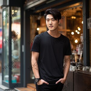 Black Bella Canvas 3001 (3-pack) Mockup - T-Shirt Mockup - Asian Male Model 3001 T-shirt Mockup - Lifestyle Outdoor Tee  ( 3 IMAGES PACKAGE)