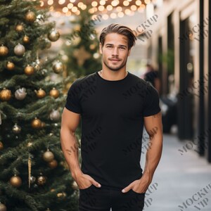 Black Bella Canvas 3001 (3-pack) Mockup - Christmas T-Shirt Mockup - Male Model 3001 T-shirt Mockup - Christmas Tee Mockup