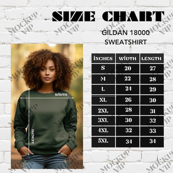 Gildan 18000 Size Chart for Mockup, Unisex Jersey sweatshirt, Gildan 18000 Tee with Woman Model, Sizing Reference for MockUps