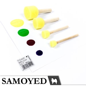 May include: Set of four yellow foam paint brushes with wooden handles. The brushes are arranged in order of size, with the largest brush at the top and the smallest brush at the bottom. The brushes are on a white surface with paint swatches in yellow, green, red, and blue.