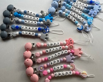 Personalised Dummy Clips, Personalised Dummy Chains, Handmade, BPA Free, Baby Shower Gift