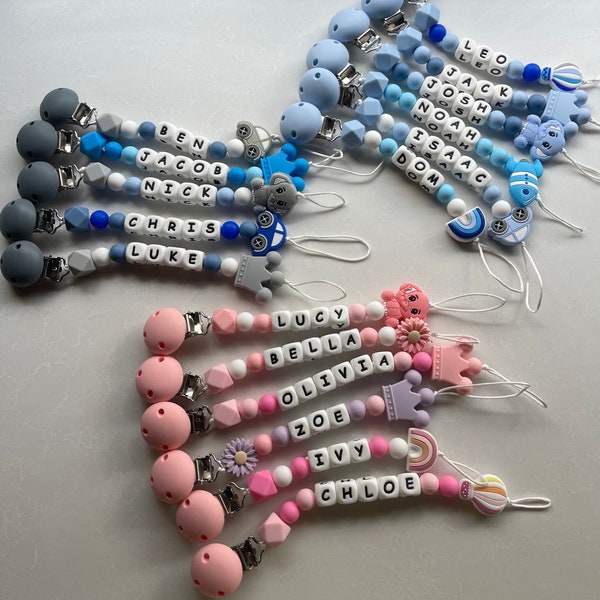 Personalised Dummy Clips, Personalised Dummy Chains, Handmade, BPA Free, Baby Shower Gift