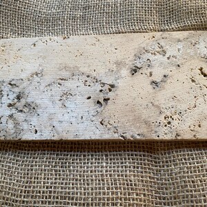 May include: A rectangular, light beige travertine tile with a rough, textured surface. The tile has a natural, organic look with a variety of small holes and crevices.