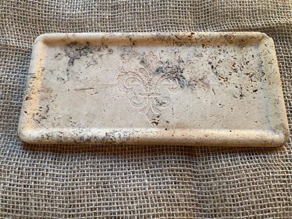 Slim Travertine Tray with Fleur-de-Lis - 25x12cm Carved Stone Tray, Rounded Corners, Elegant Decor, Lily of Royal
