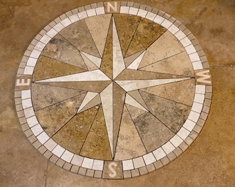 Médaillon mosaïque en travertin étoile du Nord | Fabriqué à la main en pierre naturelle ronde | Dimensions personnalisées pour sols, murs, décoration intérieure et extérieure
