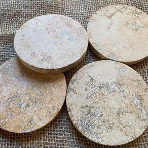 Round Travertine Coaster Set of 4 - Natural Stone Coasters, Rustic Table Decor Circle