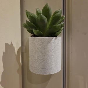 Puede incluir: Una planta suculenta verde en una maceta cilíndrica blanca moteada. La planta tiene hojas gruesas y puntiagudas. La maceta está montada en una pared. El diseño es minimalista y moderno, adecuado para la decoración del hogar.
