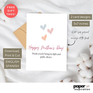 5 AFDRUKBARE Moederdagwenskaarten in staand Engels en Spaans – 2 afdrukbare ontwerpen + 3 gratis cadeaukaartjes | Direct downloaden