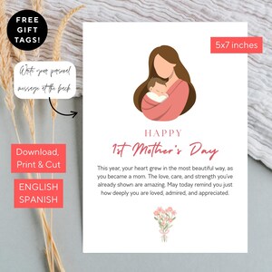 4 Première carte imprimable de fête des mères pour une nouvelle maman et un cadeau pour la première fois | anglais et espagnol | 1 modèle, 3 cartes-cadeaux gratuites à téléchargement immédiat