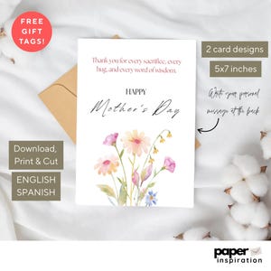 5 AFDRUKBARE Moederdagwenskaarten in staand Engels en Spaans – 2 afdrukbare ontwerpen + 3 gratis cadeaukaartjes | Direct downloaden