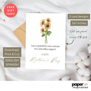 5 AFDRUKBARE Moederdagwenskaarten in staand Engels en Spaans – 2 afdrukbare ontwerpen + 3 gratis cadeaukaartjes | Direct downloaden