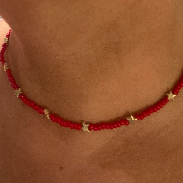 choker necklace. short necklace, bead choker. beaded necklace. red choker. gift for her. boho choker .