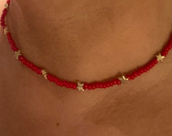 choker necklace. short necklace, bead choker. beaded necklace. red choker. gift for her. boho choker .