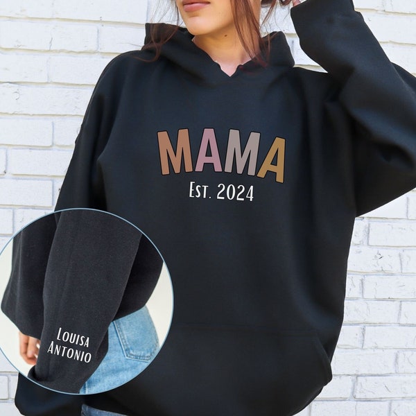 cool Mom Hoodie Personalisierter MAMA Hoodie mit Kindernamen Pullover Muttertag Geschenk Geburt Schwangerschaft Baby Name auf Ärmel für Mama
