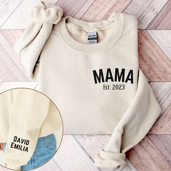 Personalisierter MAMA Hoodie mit Kindernamen Pullover Muttertag Geschenk Geburt werdende Mutter Schwangerschaft Baby Name auf Ärmel für Mama
