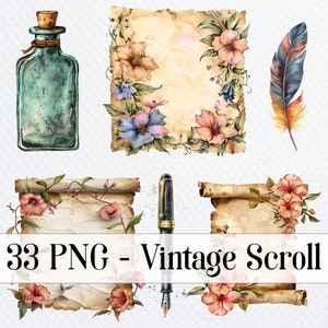 33 PNG Vintage Scroll Bundle, Watercolor Floral Old Paper clipart, Printable Watercolor clipart, Digital download, Paper craft, junk journal