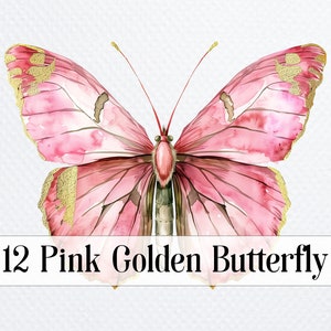 12 Pink Golden Butterfly PNG Clipart, Printable Watercolor Butterfly, Butterfly sublimation, Paper craft, junk journals,  Digital download